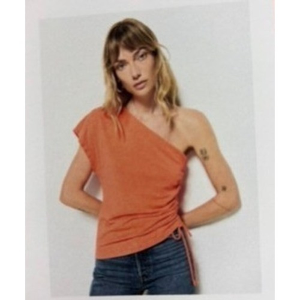 NWT‎ Nation LTD Shirt Womens Sz L One Shoulder Orange Ruched Drawstring Cotton